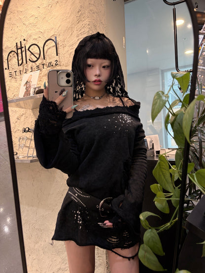 [Late October] Flocky Lace Veil Top (Black)