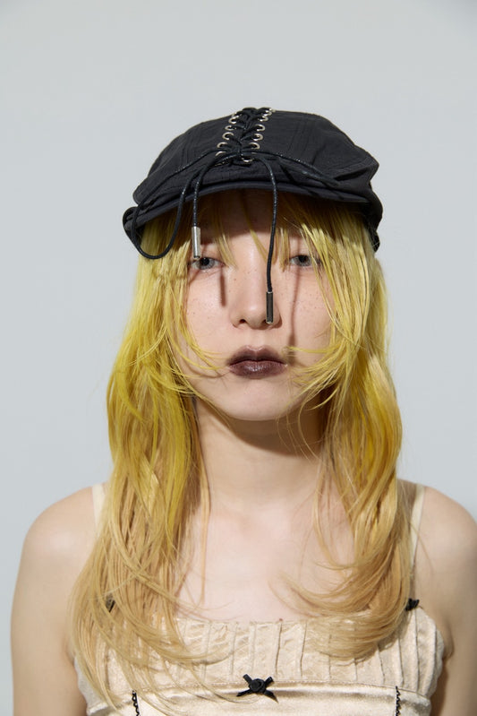 Lace-up Flat Cap(Black)