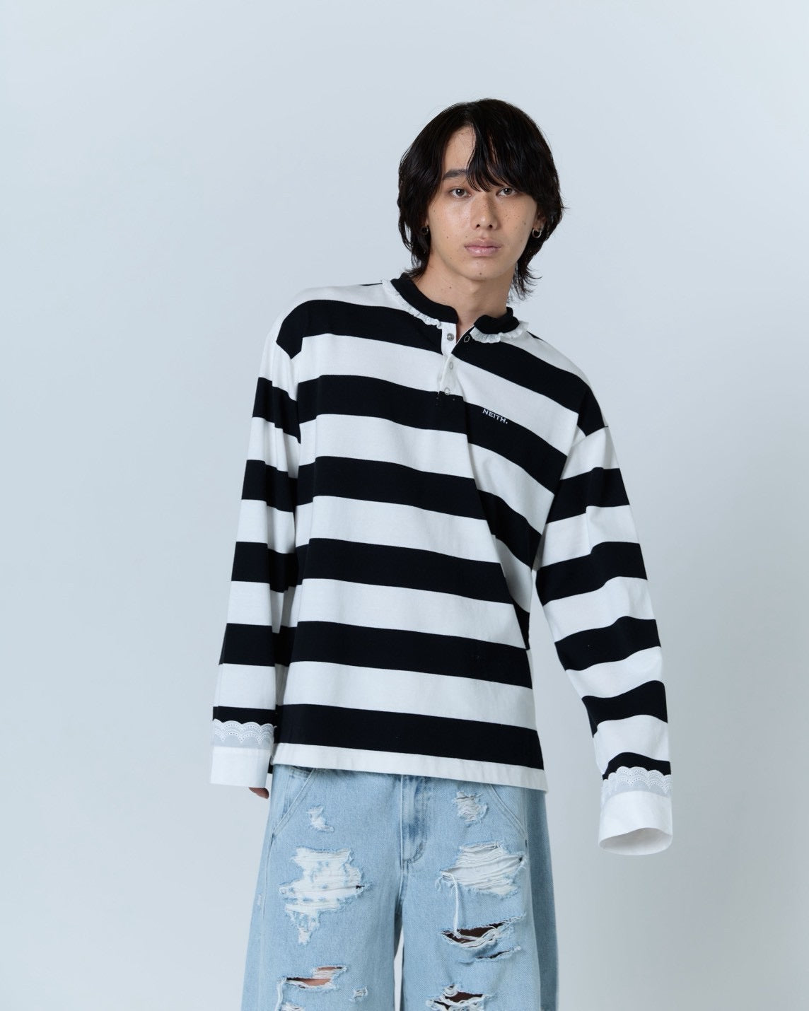 【Last2】Henley Neck Lace Top (White×Black)