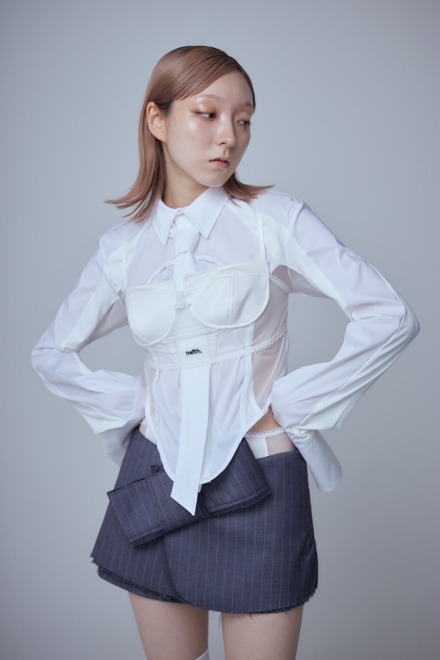 Mesh Tied Shirt(White)