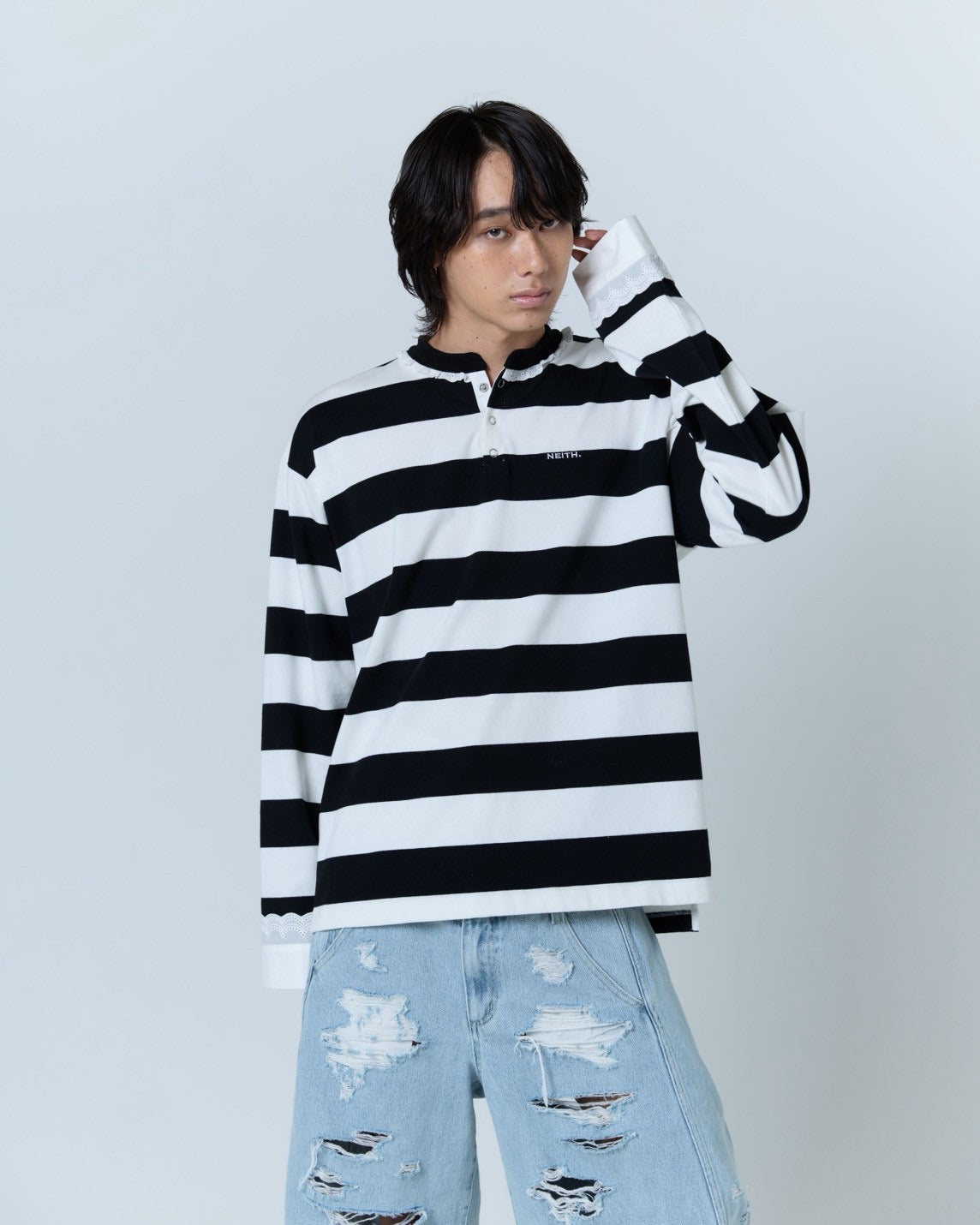 【Last2】Henley Neck Lace Top (White×Black)