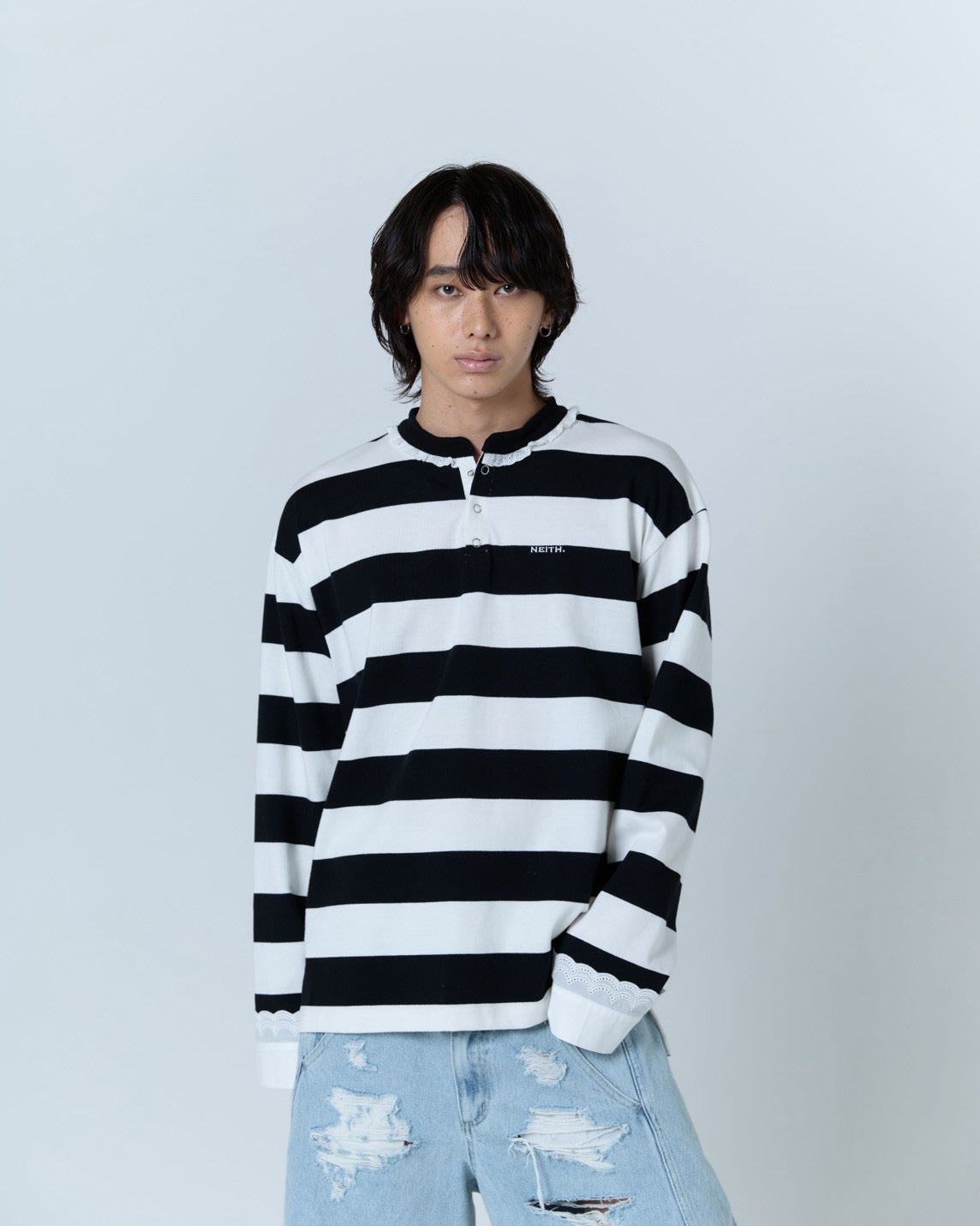 【Last2】Henley Neck Lace Top (White×Black)