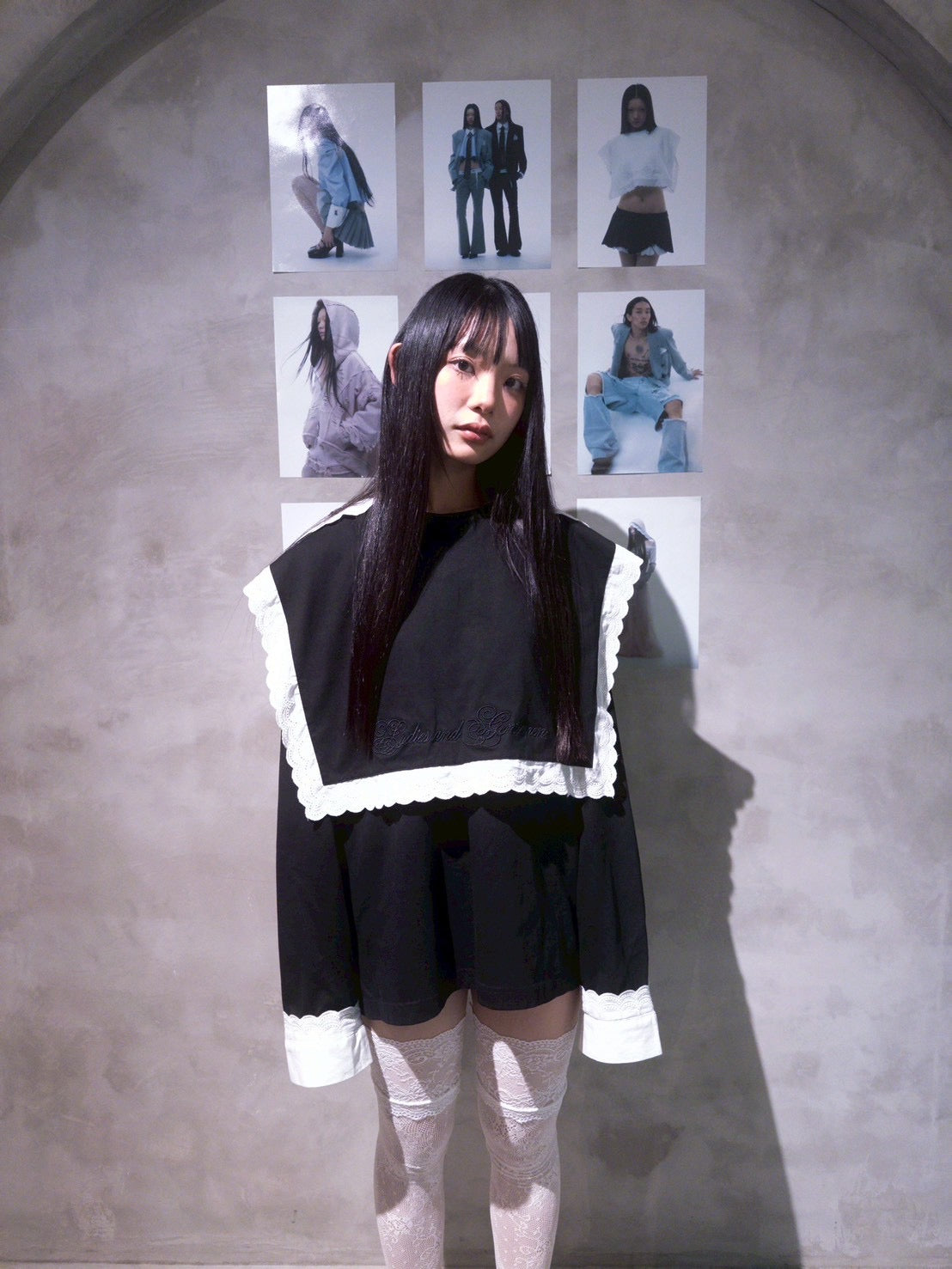 【Last1】Henley Neck Lace Top (Black)