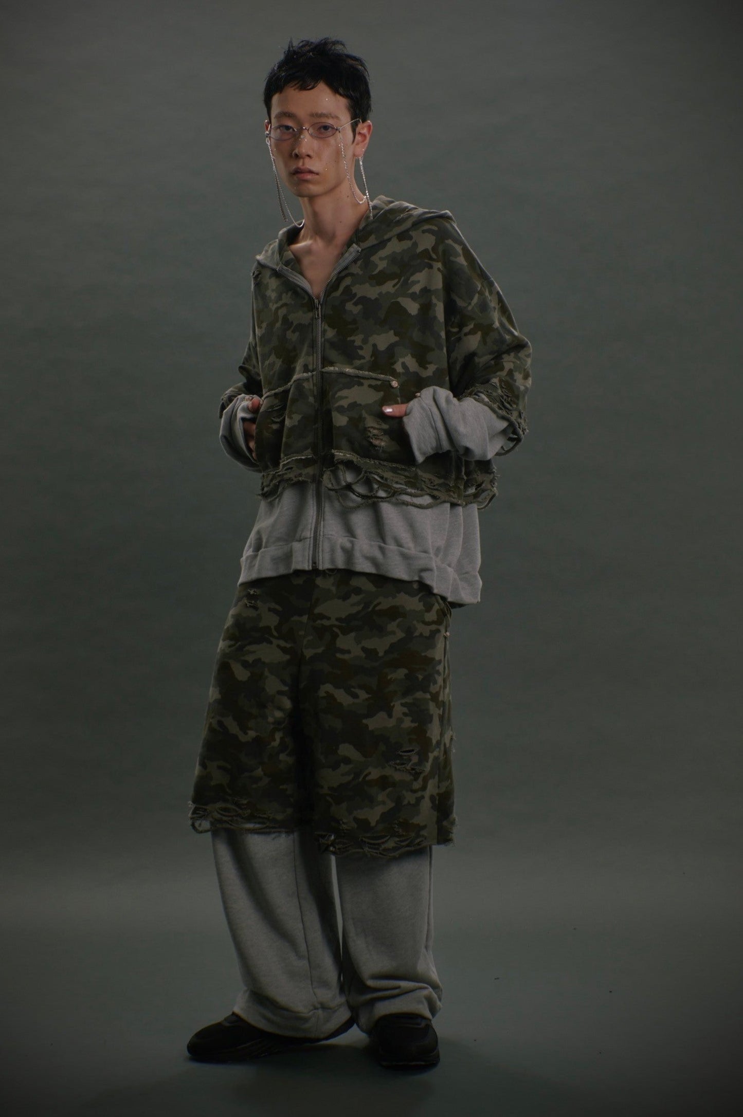 Layered Crush Sweat Pants(Camo×Gray)