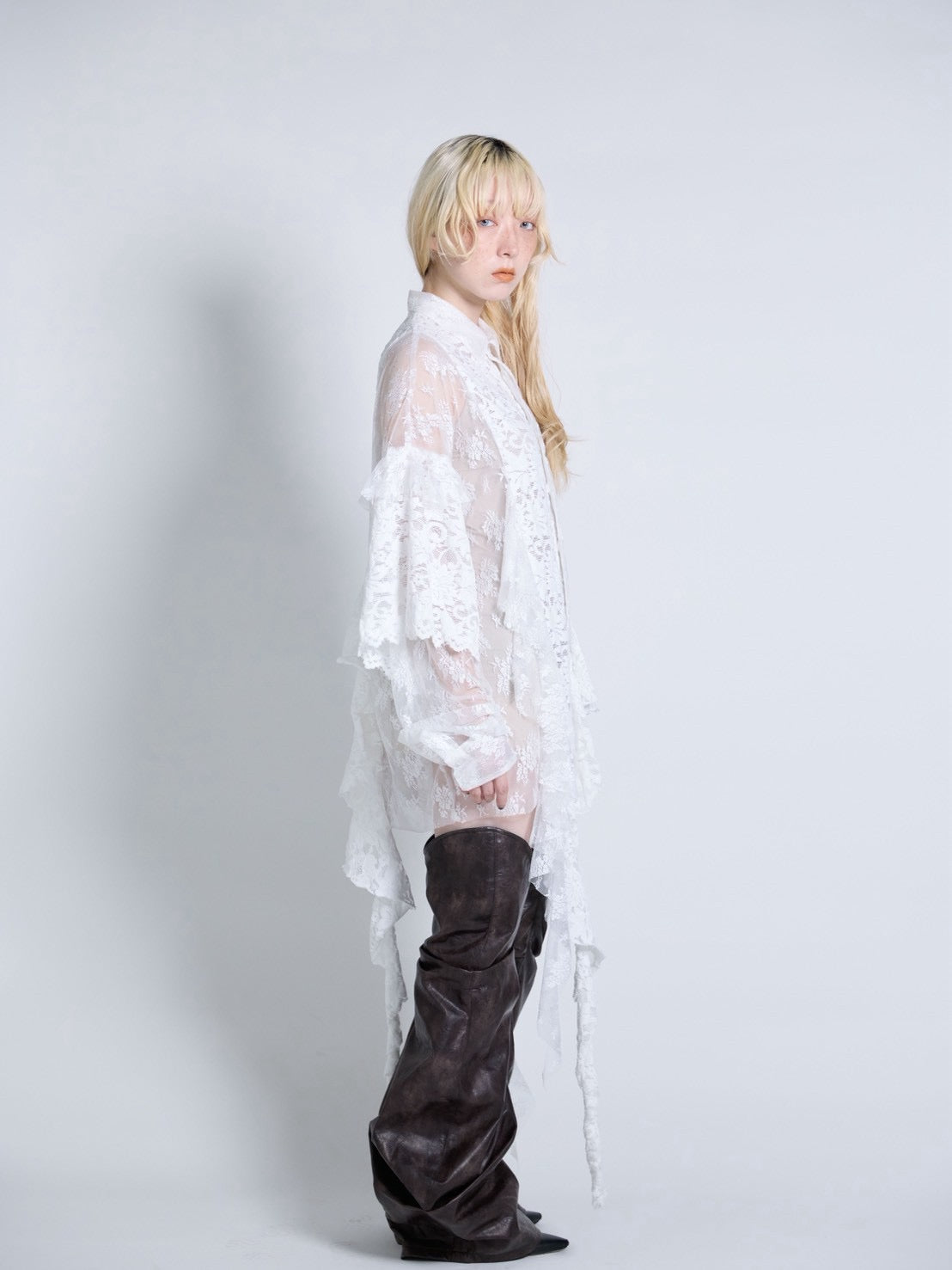 Flocky Lace Ruffle Shirts (Ivory)