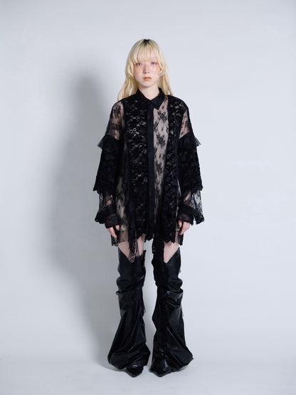 Flocky Lace Ruffle Shirts (Black)