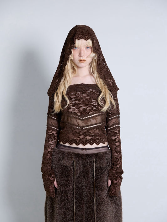Flocky Lace Veil Top(Brown)