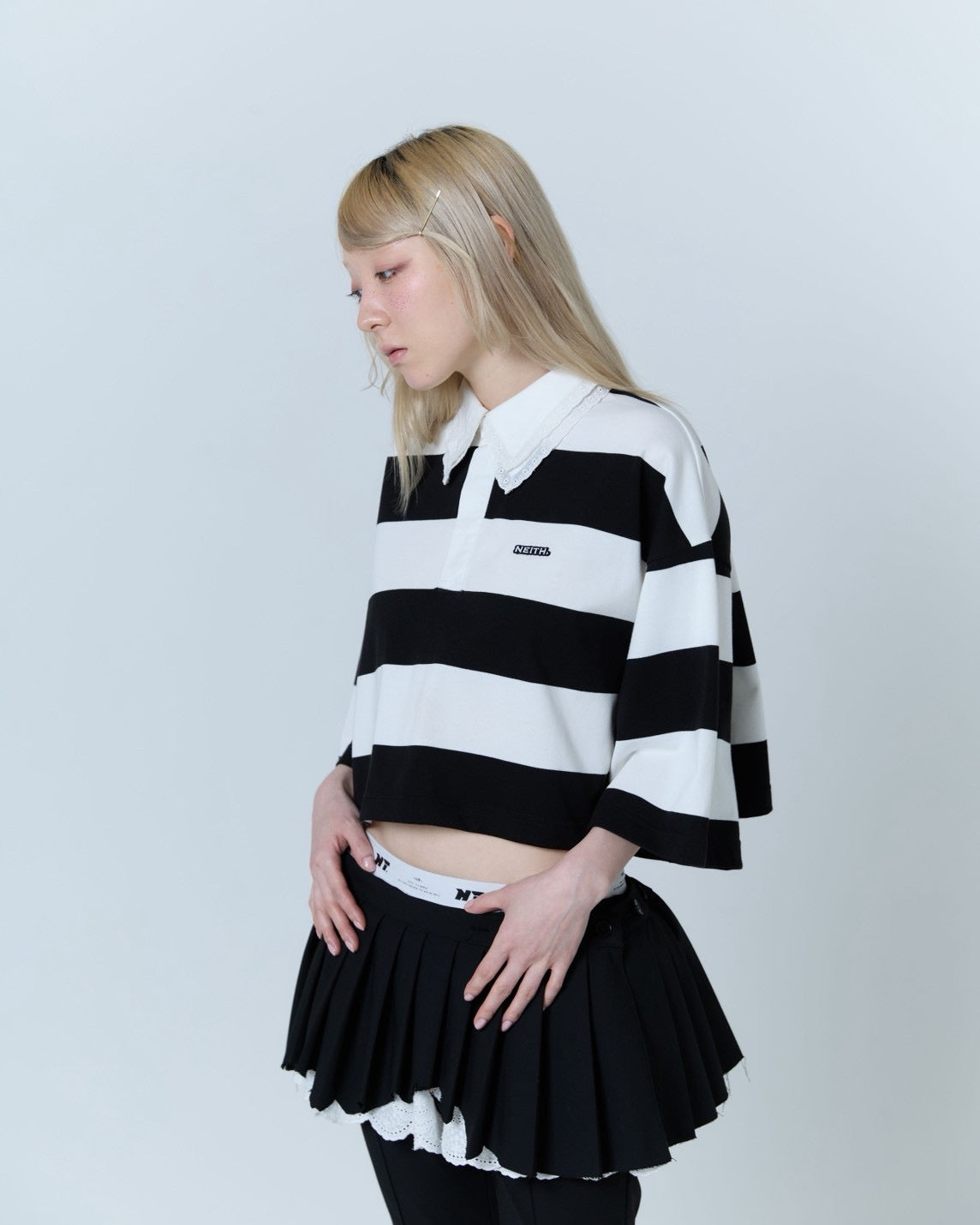 Double Collar Rugger Shirt (White×Black)