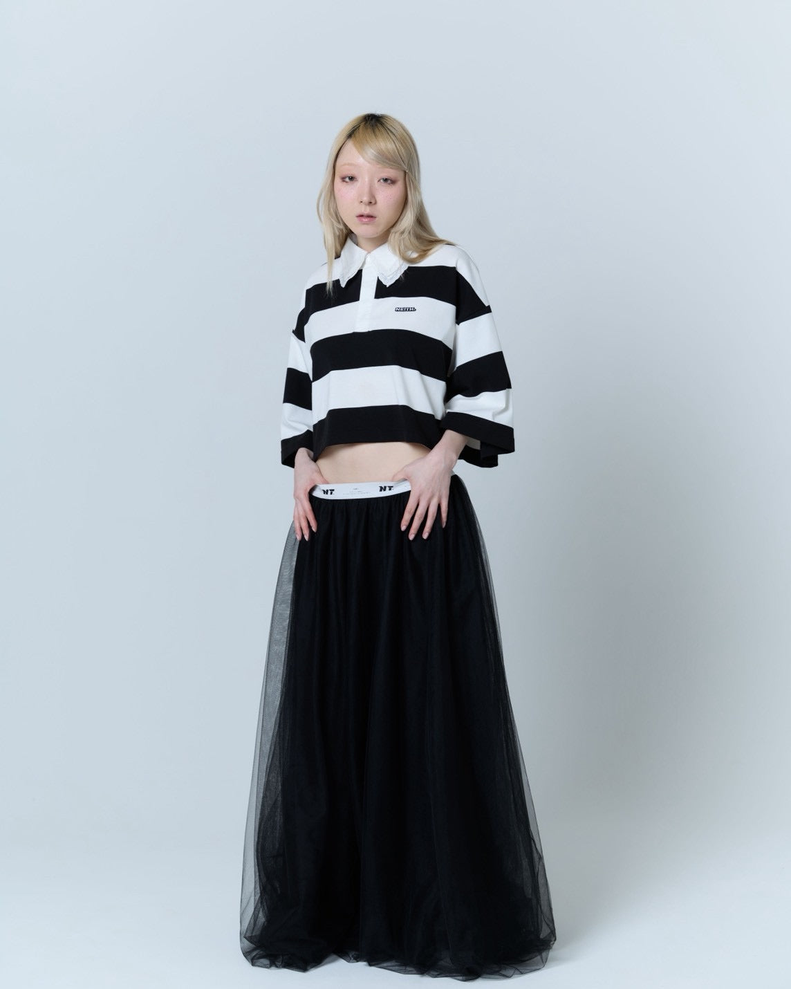 Double Collar Rugger Shirt (White×Black)
