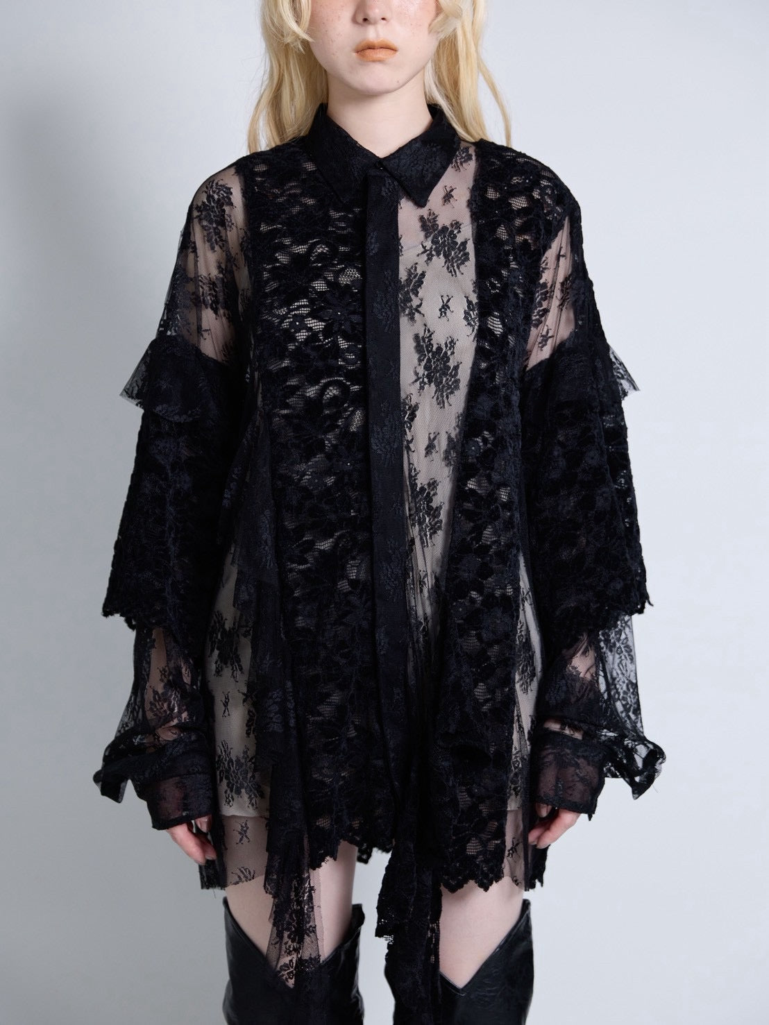 Flocky Lace Ruffle Shirts (Black)