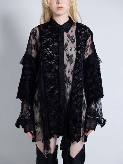 Flocky Lace Ruffle Shirts (Black)