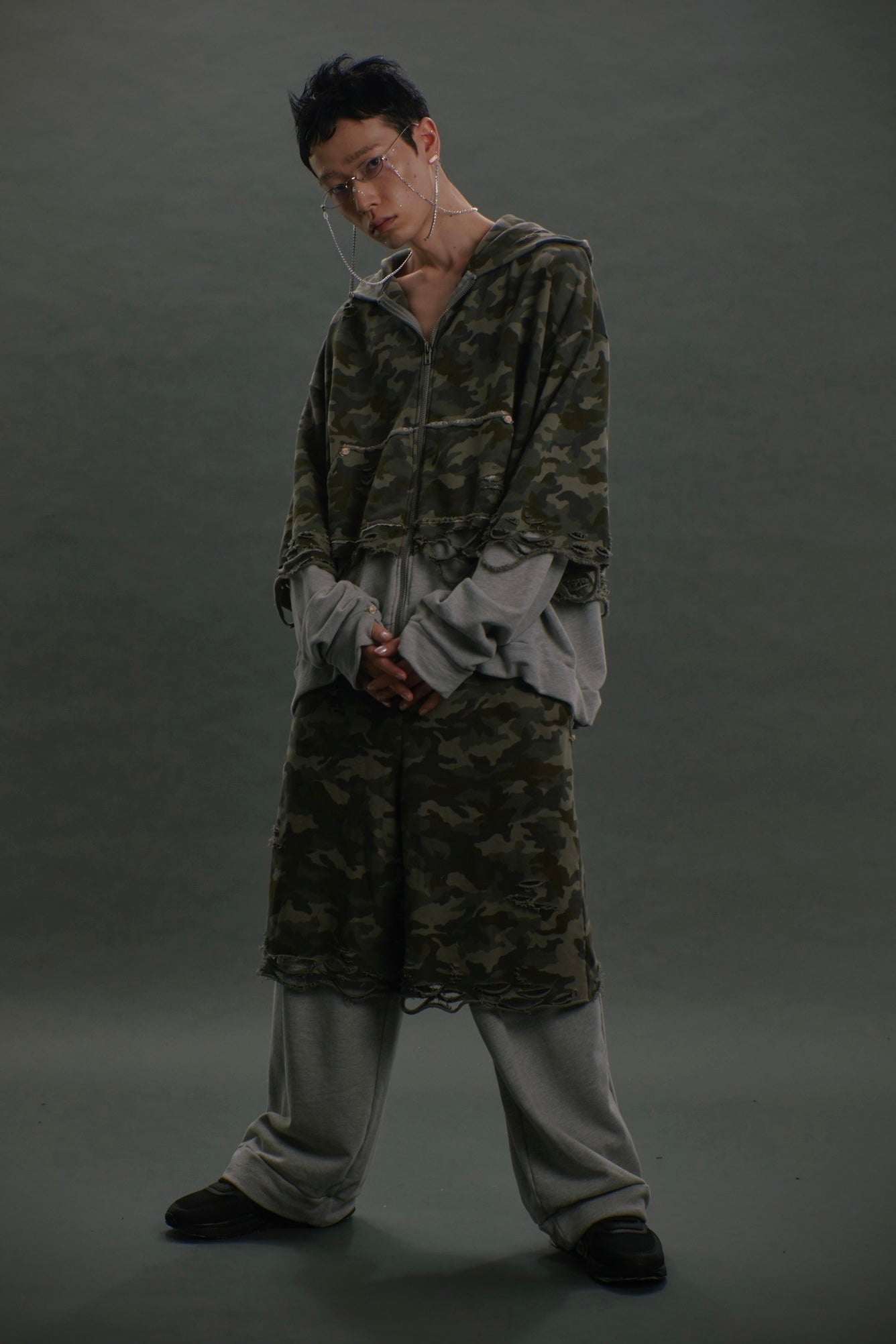 Layered Crush Sweat Pants(Camo×Gray)