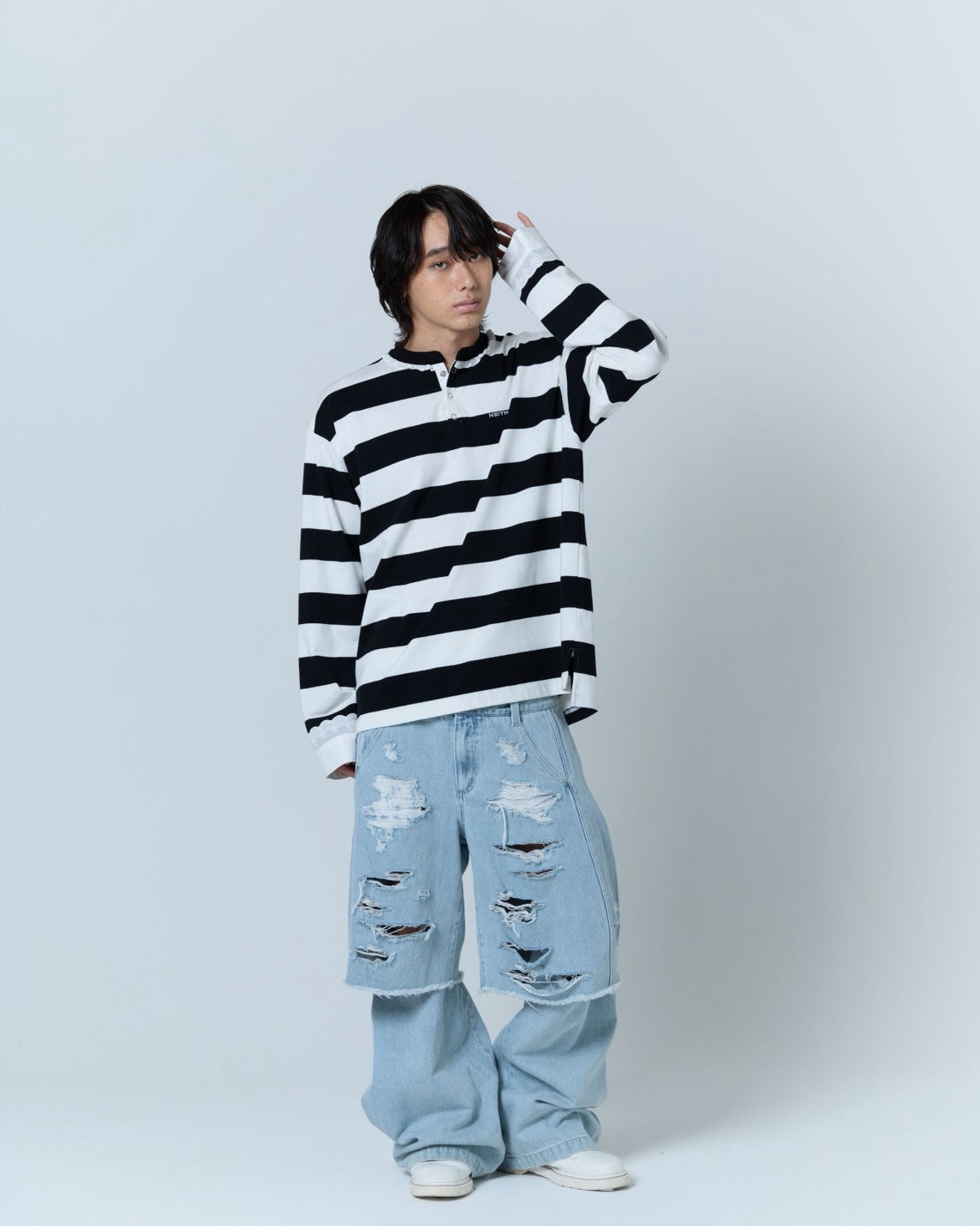 【Last2】Henley Neck Lace Top (White×Black)