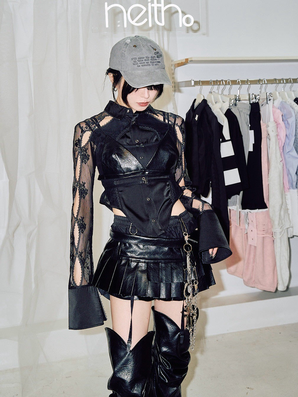 Leather Micro Mini Pleats(Black)