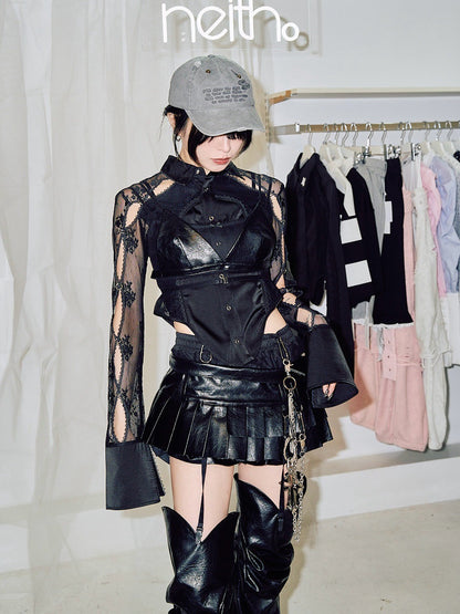 Leather Micro Mini Pleats(Black)