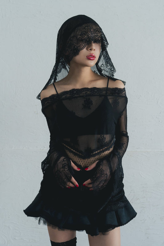 Veil Off-shoulder Dress(Black)