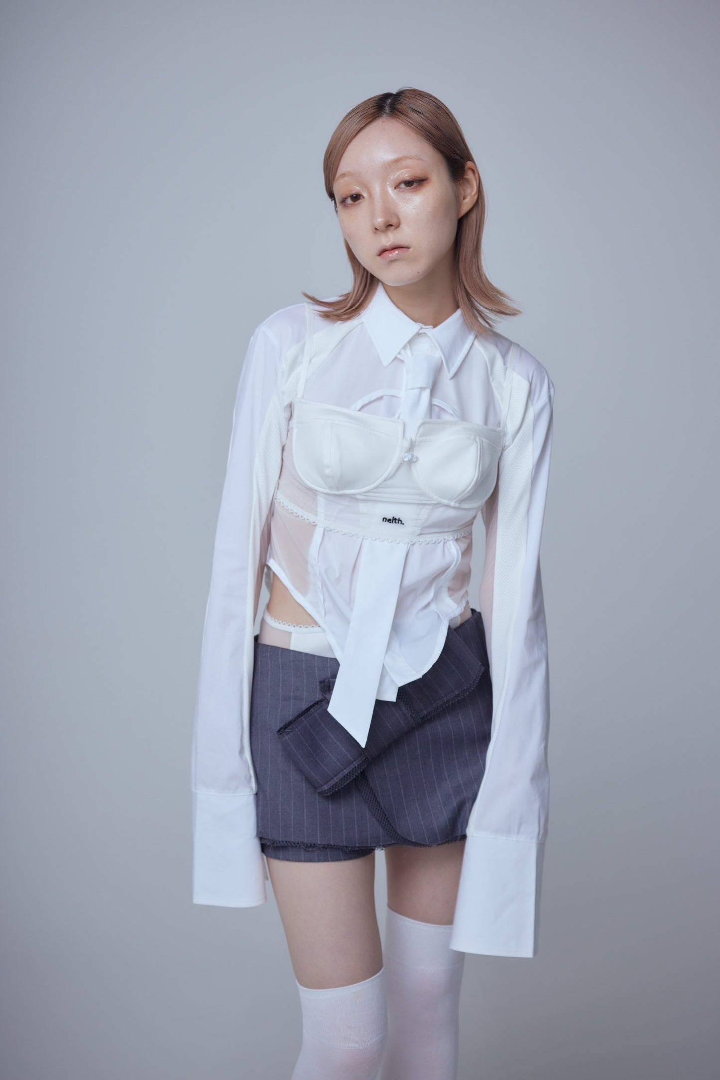 Mesh Tied Shirt(White)