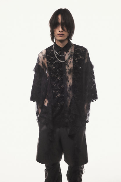 Flocky Lace Ruffle Shirts (Black)