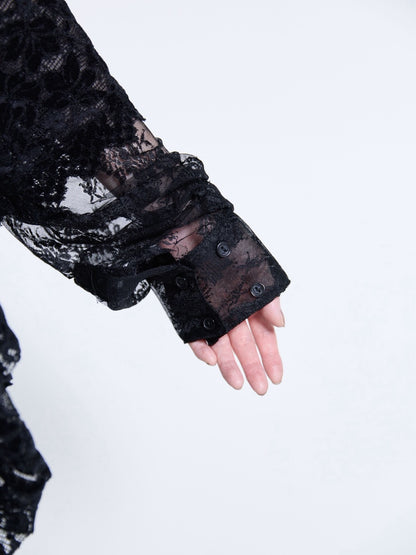 Flocky Lace Ruffle Shirts (Black)