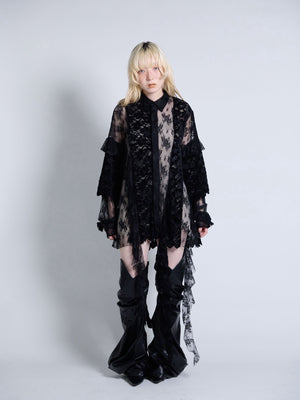 Flocky Lace Ruffle Shirts (Black)
