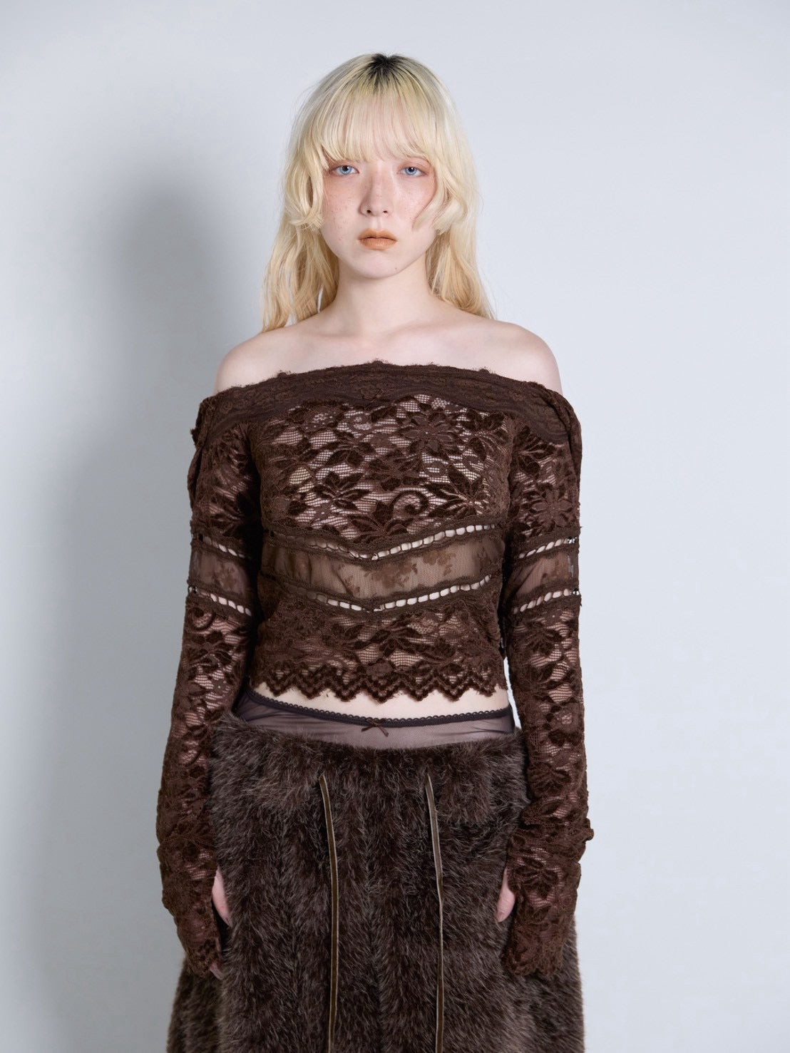 Flocky Lace Veil Top(Brown)