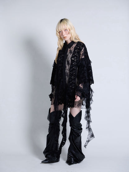 Flocky Lace Ruffle Shirts (Black)