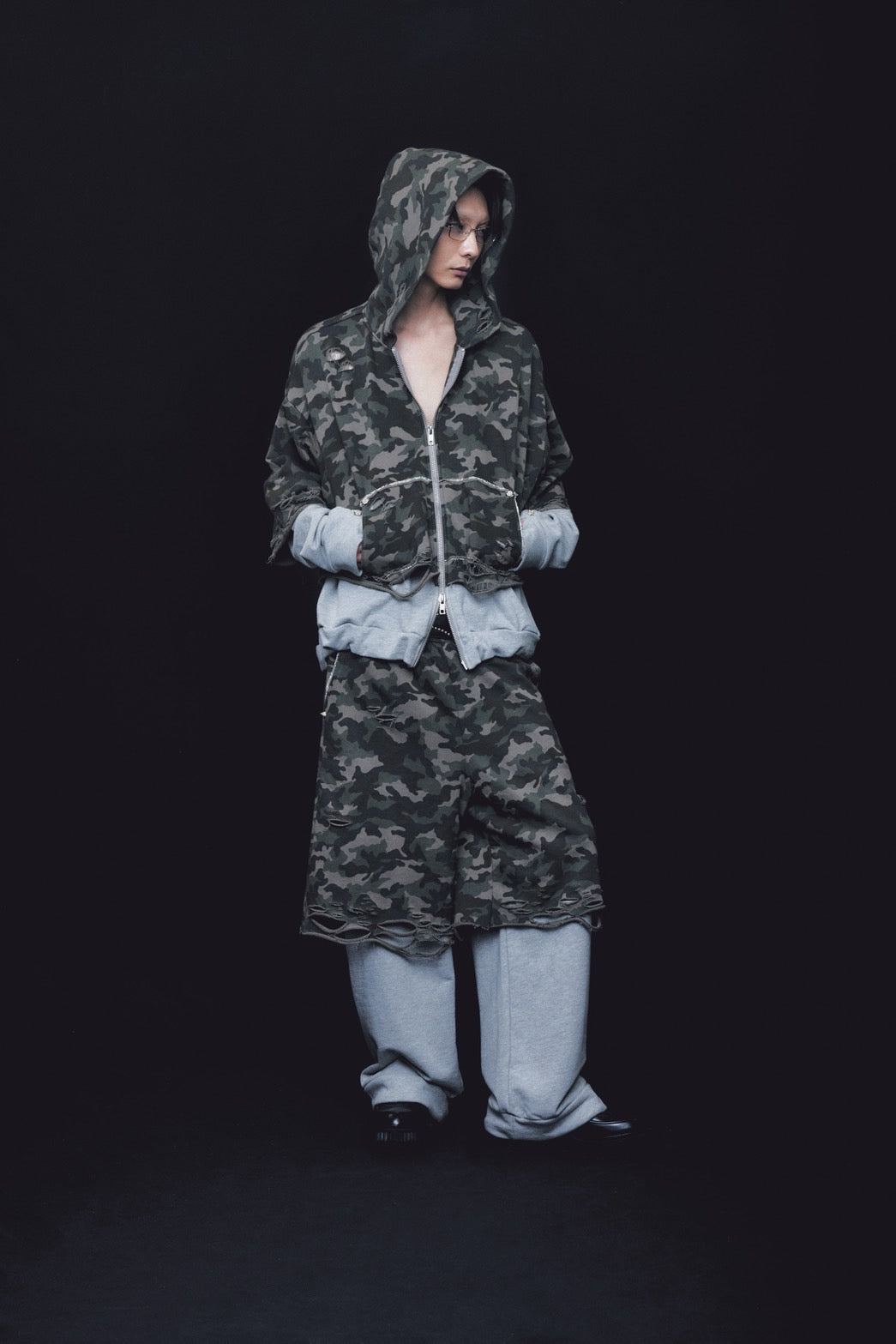 Layered Crush Sweat Pants(Camo×Gray)