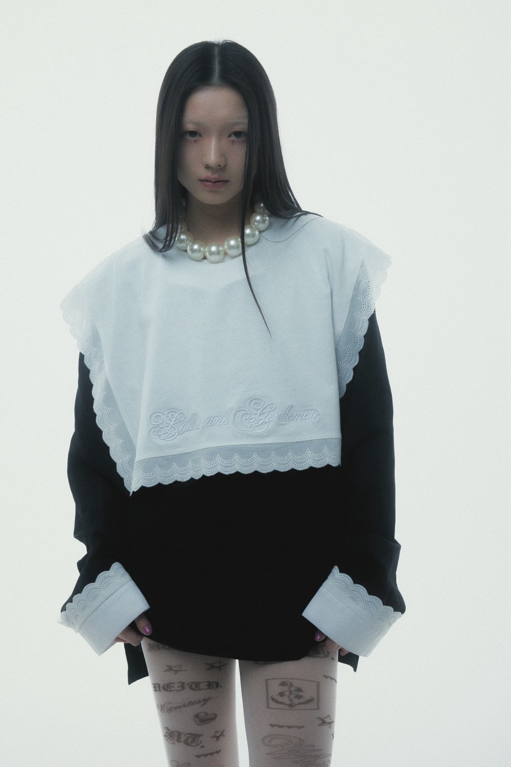 【Last1】Henley Neck Lace Top (Black)