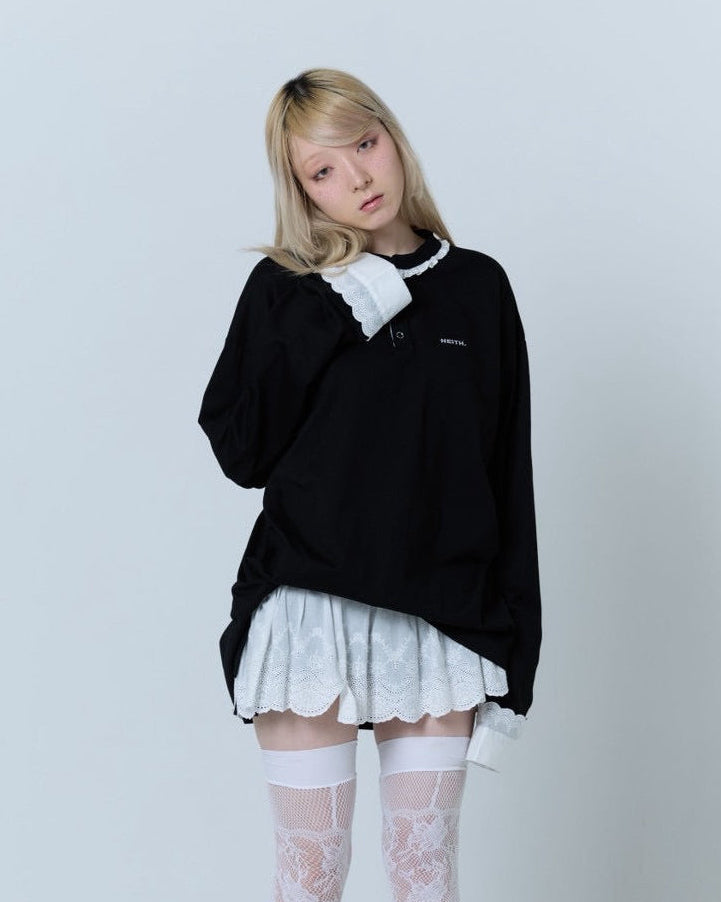 【Last1】Henley Neck Lace Top (Black)