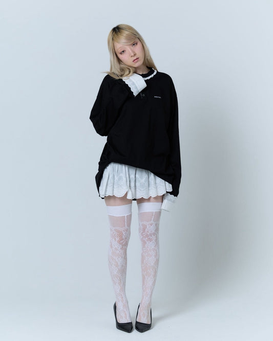 【5月上旬】Henley Neck Lace Top (Black)