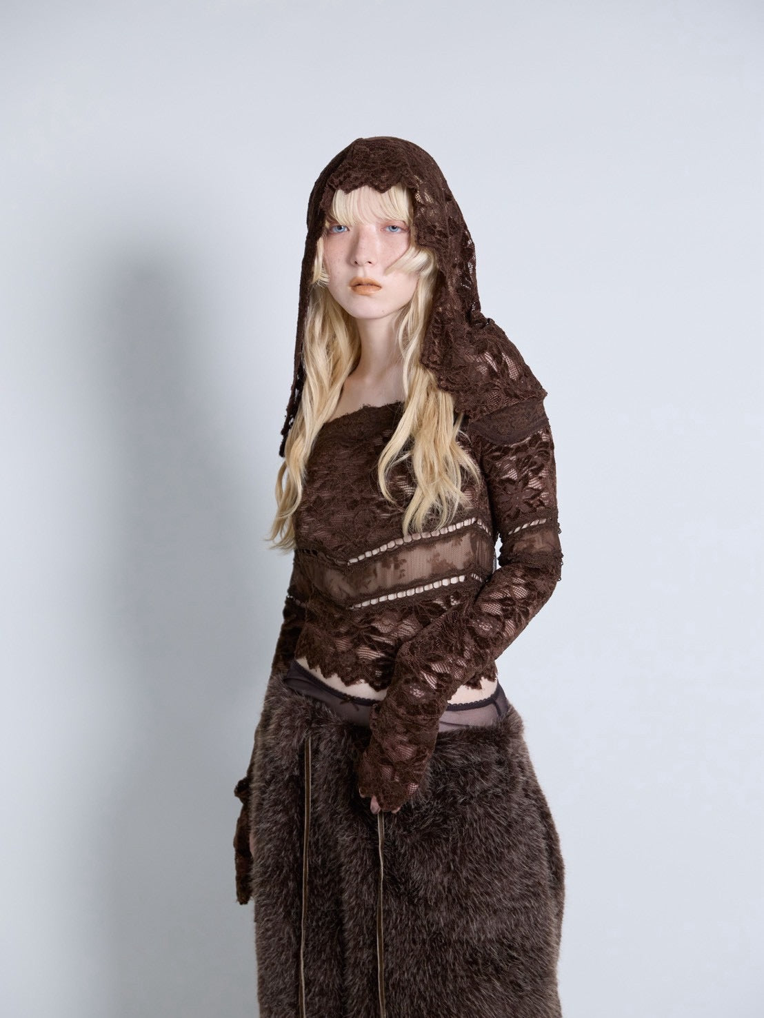Flocky Lace Veil Top(Brown)