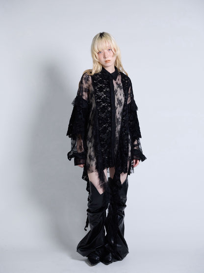Flocky Lace Ruffle Shirts (Black)