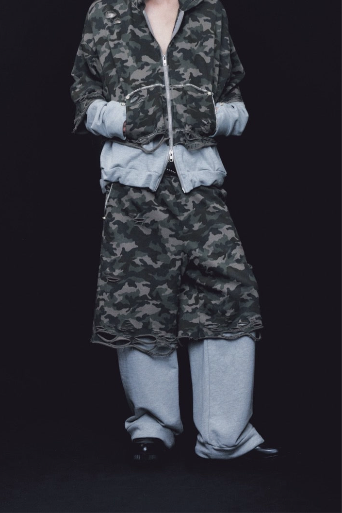 Layered Crush Sweat Pants(Camo×Gray)