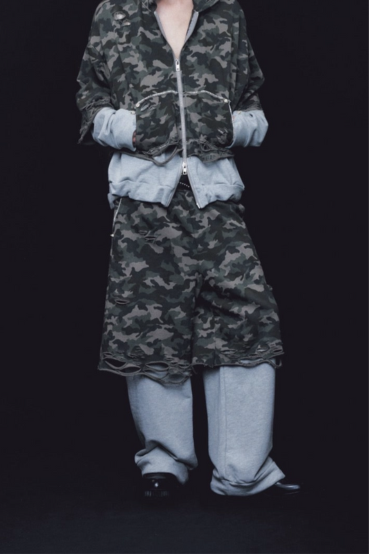 Layered Crush Sweat Pants(Camo×Gray)