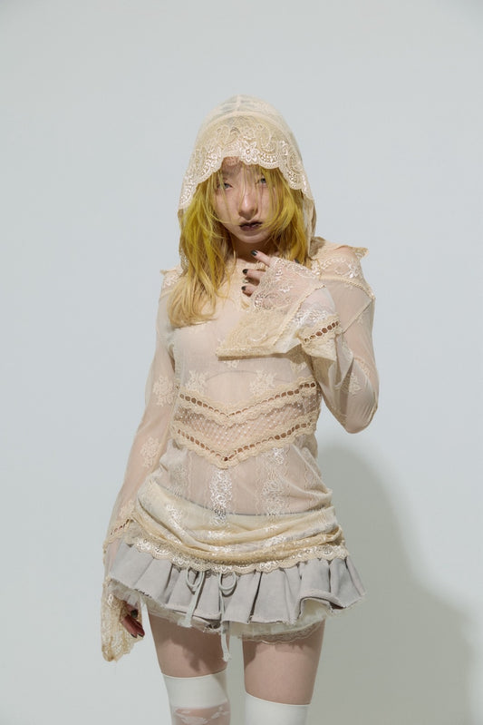 Veil off-shoulder Dress(Beige)