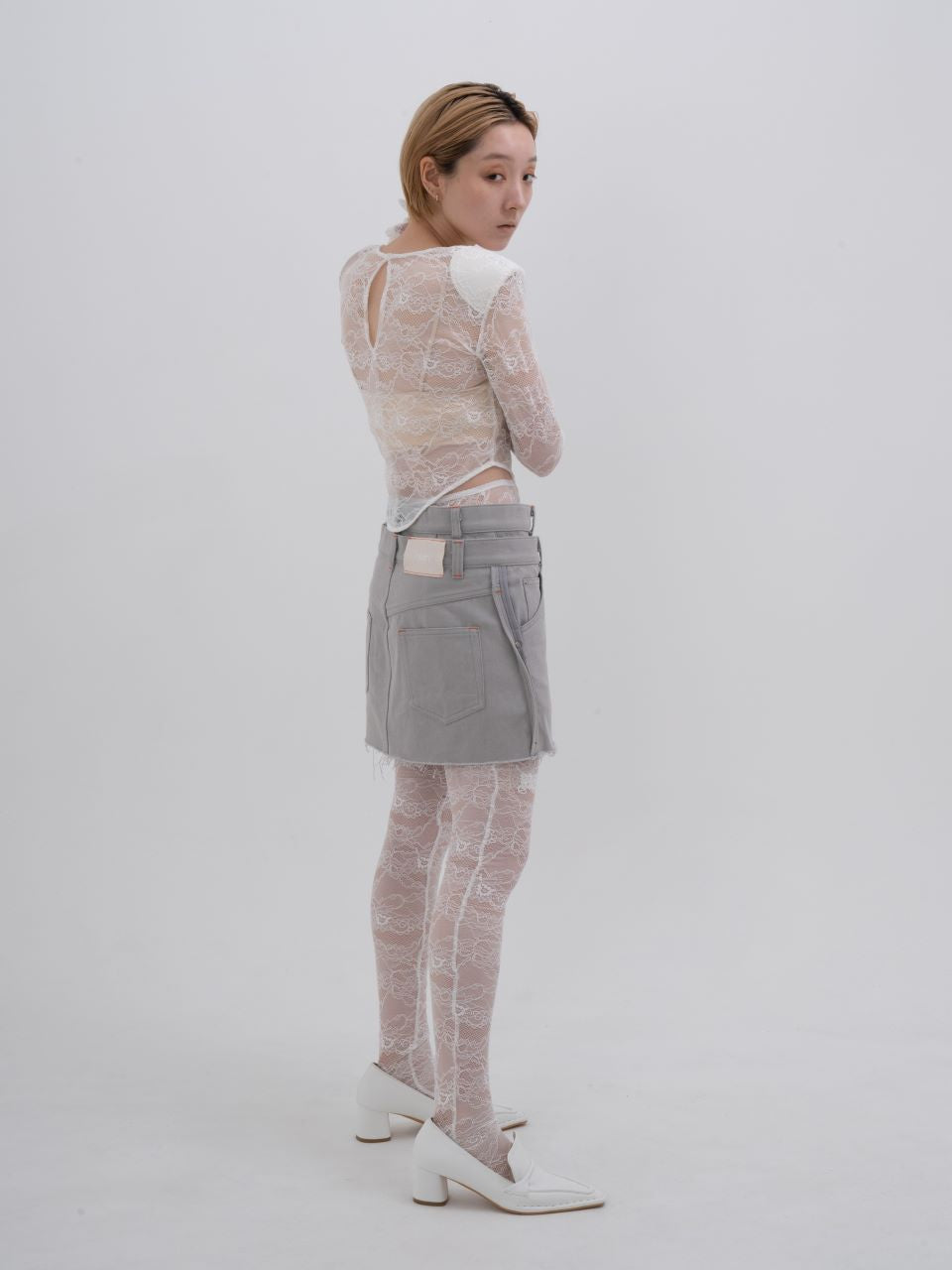Double Waist Denim Skirt With Legcover(Gray)