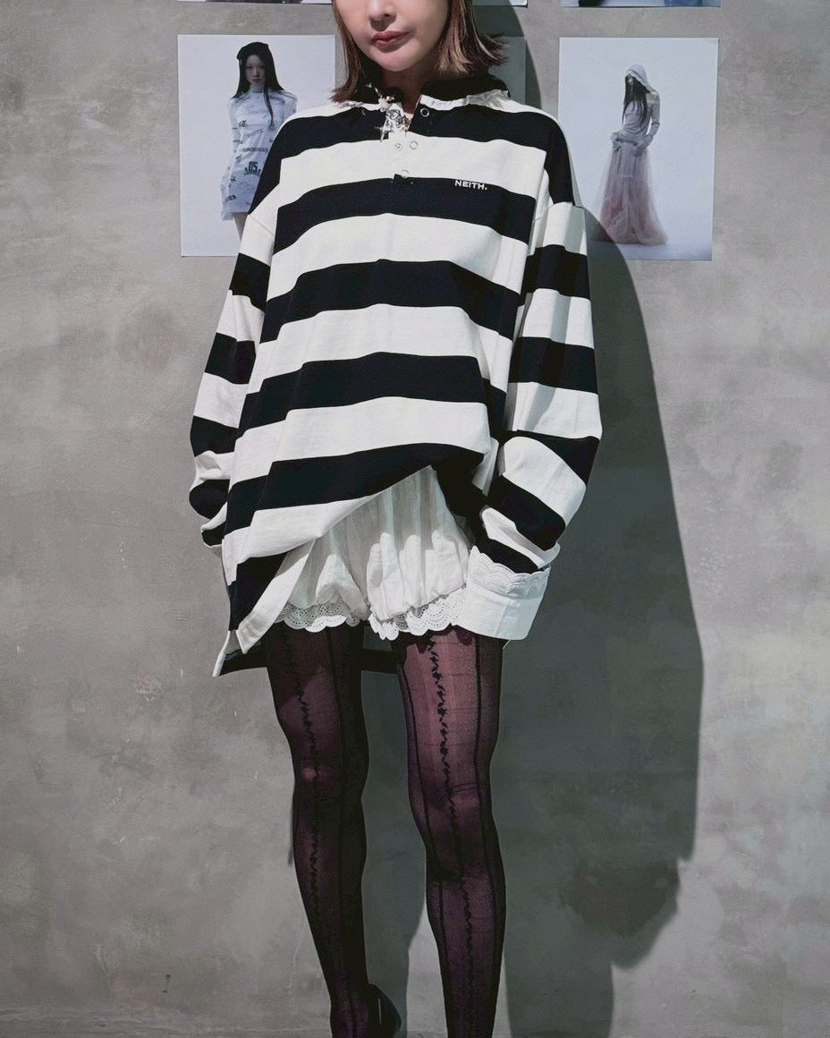 【Last2】Henley Neck Lace Top (White×Black)