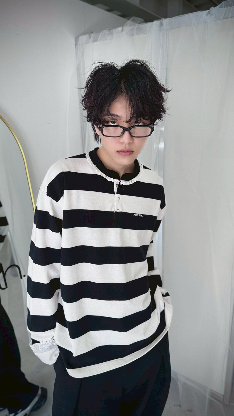 【Last2】Henley Neck Lace Top (White×Black)