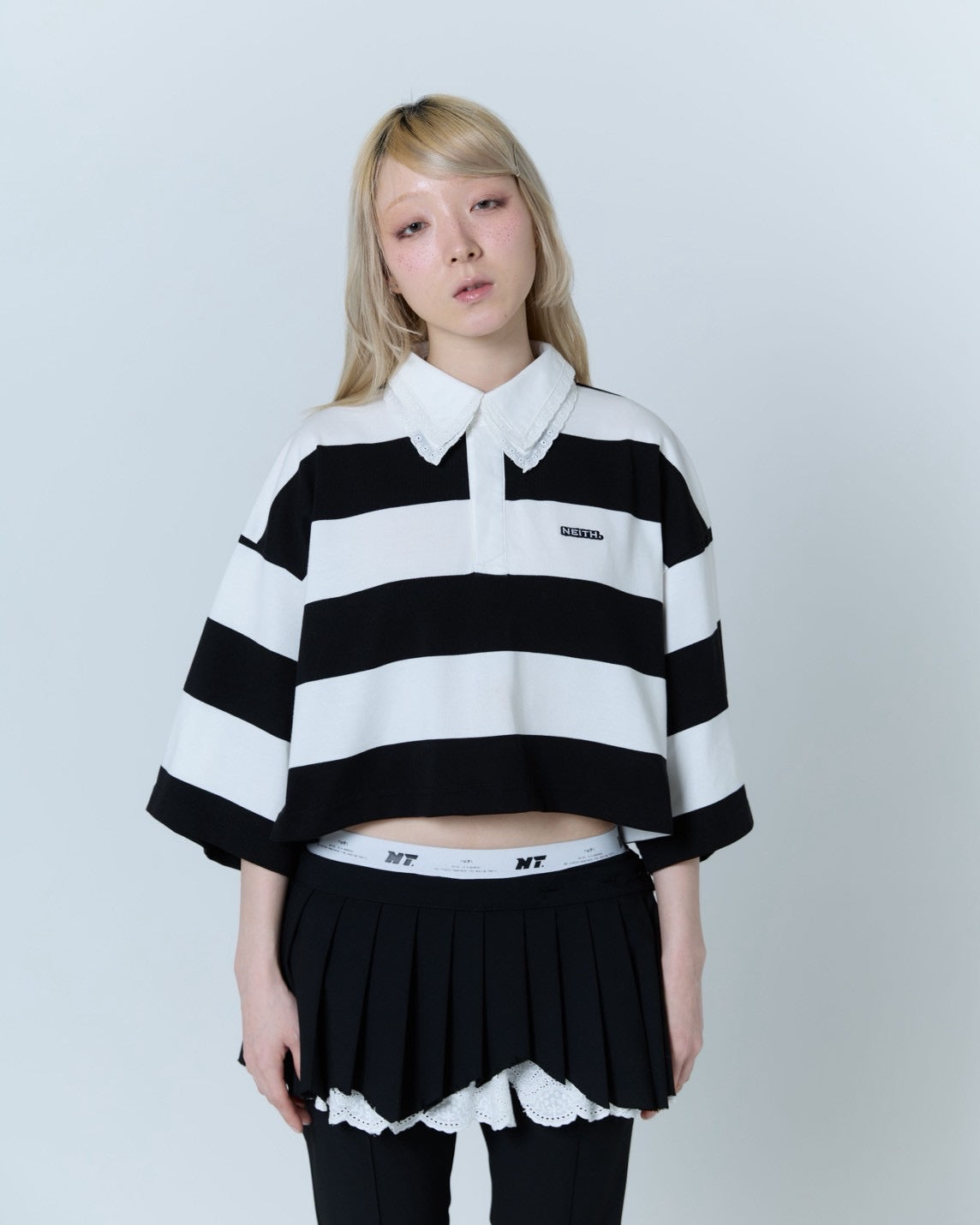 Double Collar Rugger Shirt (White×Black)