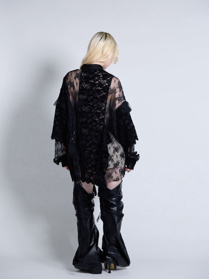 Flocky Lace Ruffle Shirts (Black)