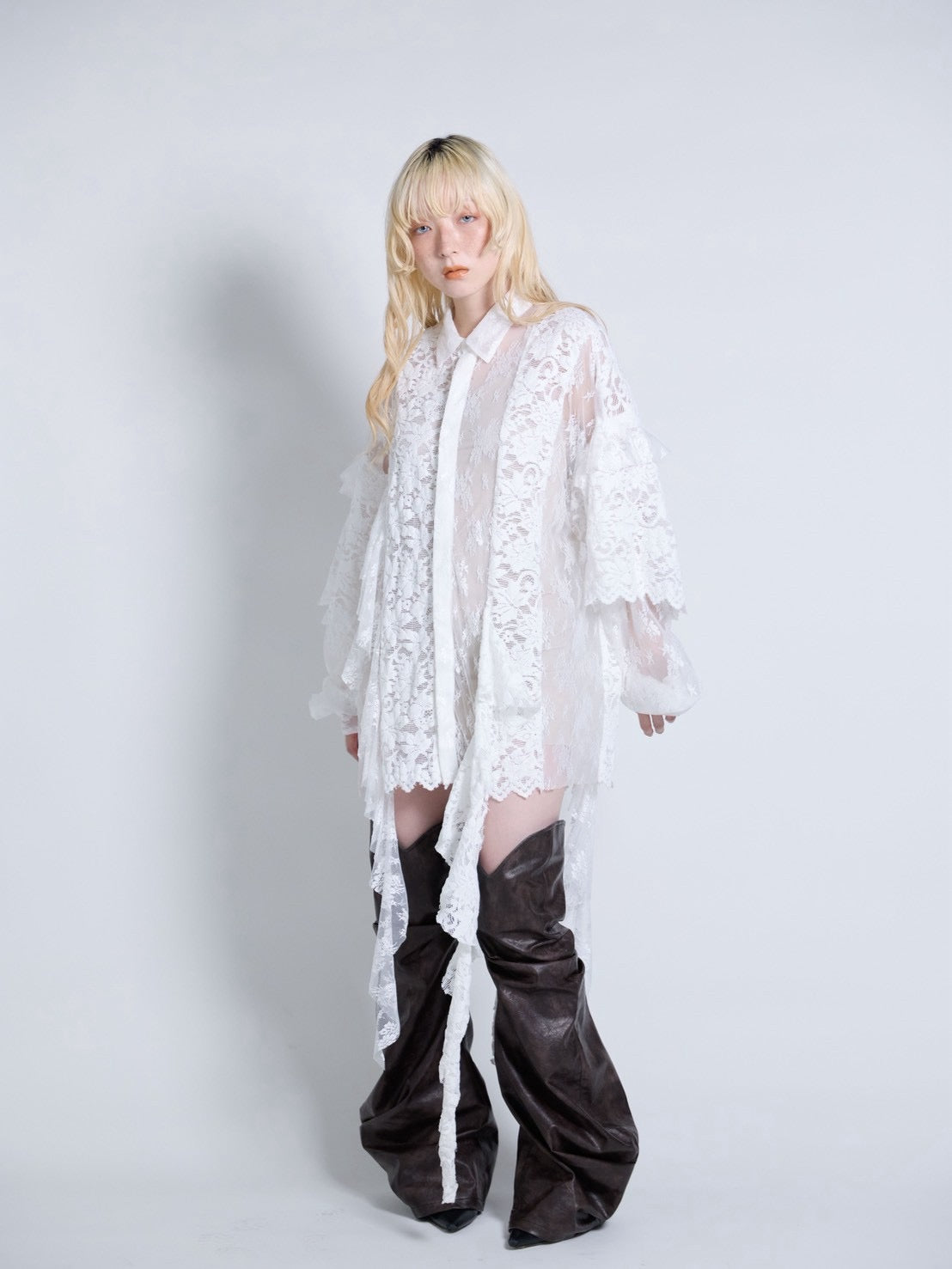 Flocky Lace Ruffle Shirts (Ivory)