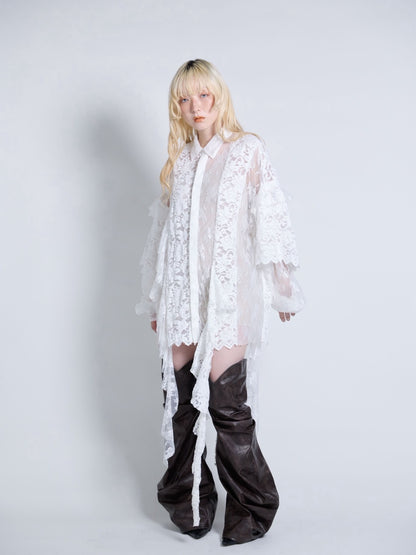 Flocky Lace Ruffle Shirts (Ivory)