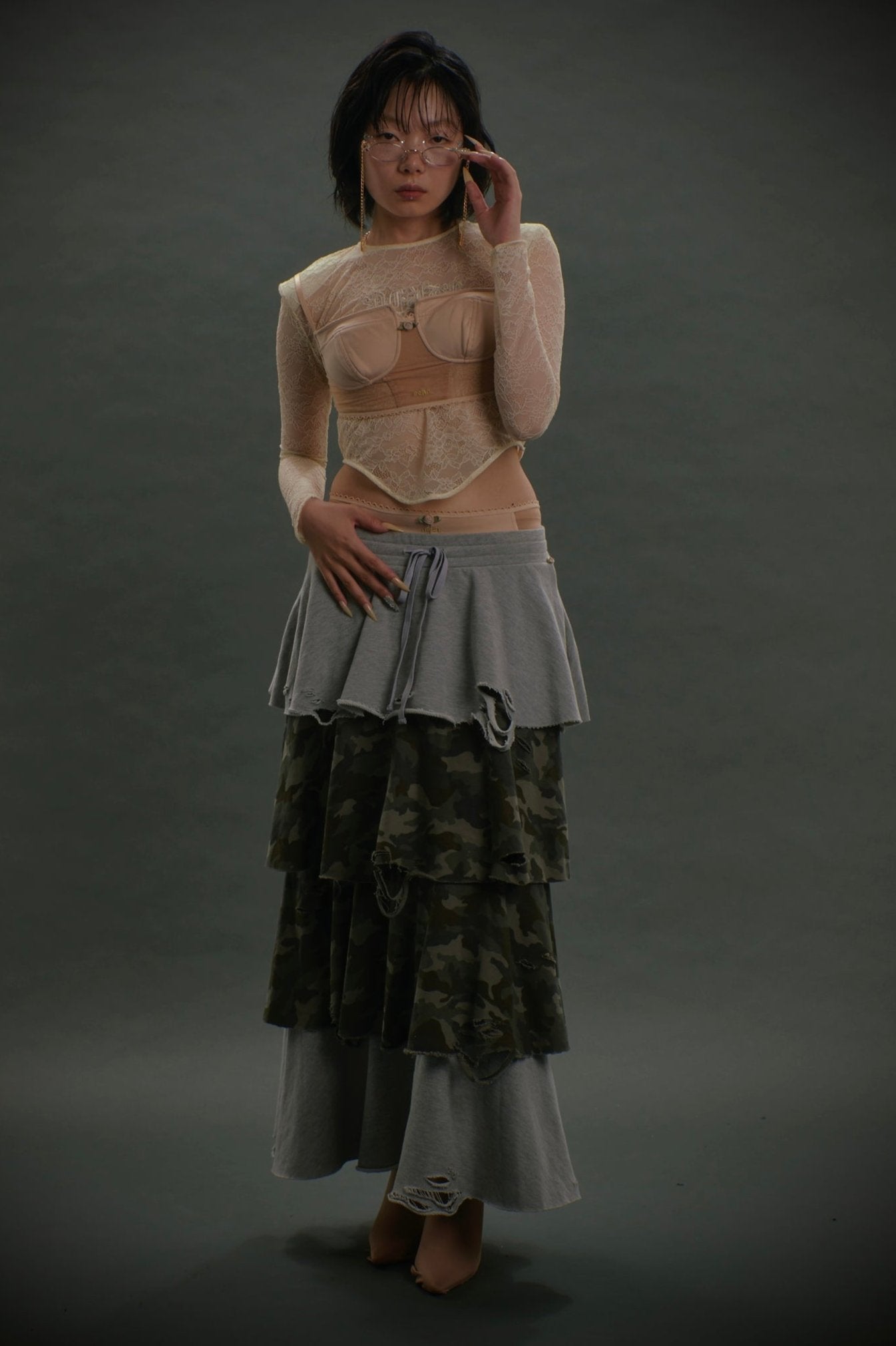 Sweat Tiered Skirt(Camo×Gray)