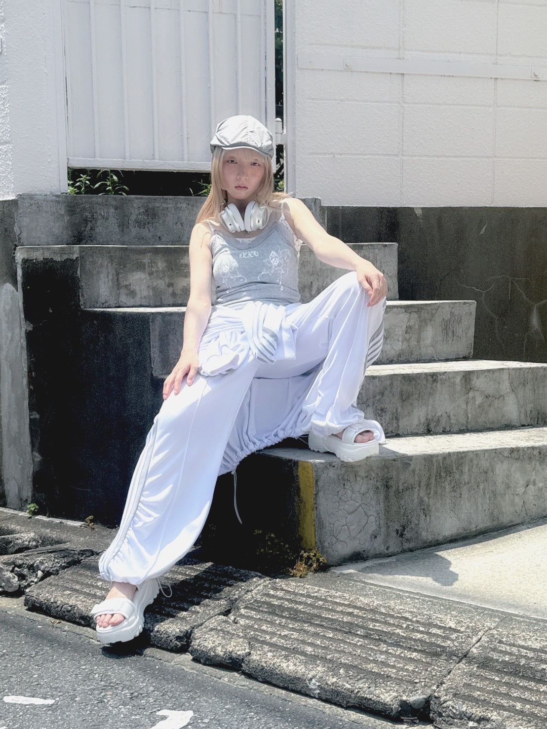 Gathered Track Pants(White)