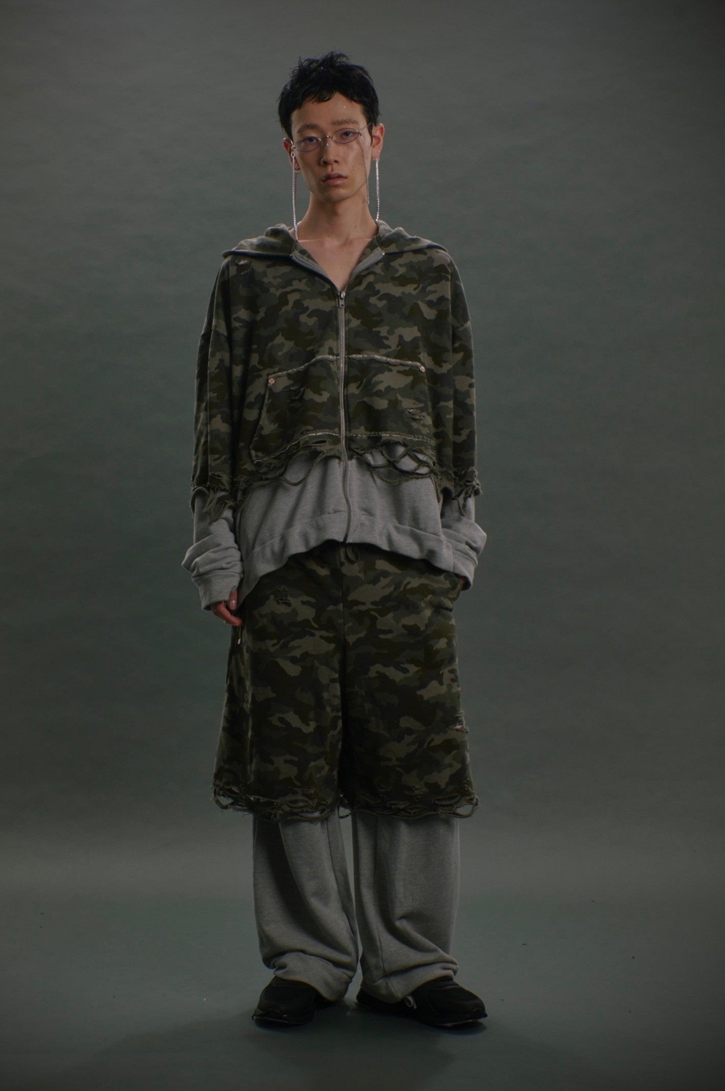 Layered Crush Sweat Pants(Camo×Gray)