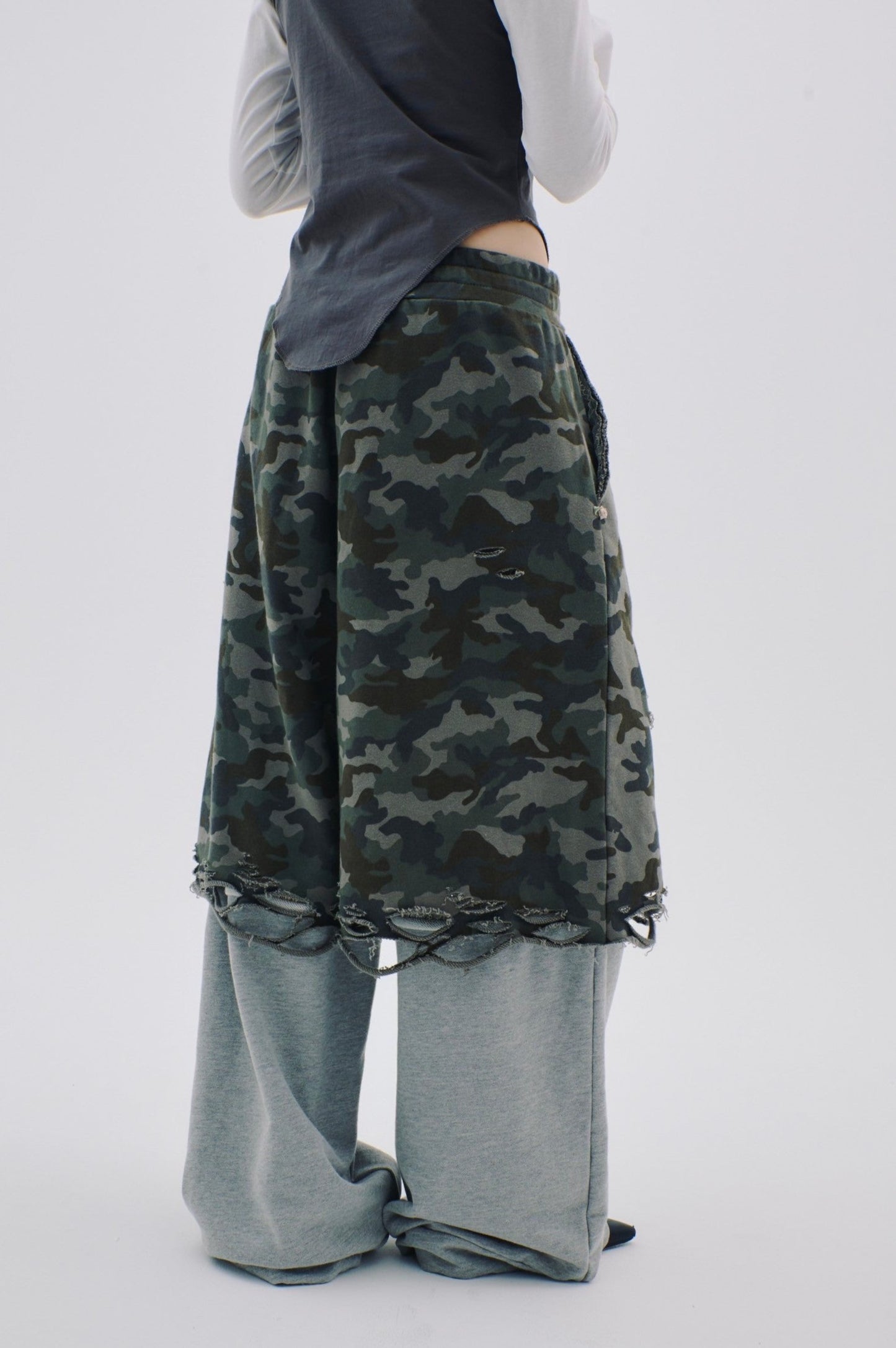 Layered Crush Sweat Pants(Camo×Gray)