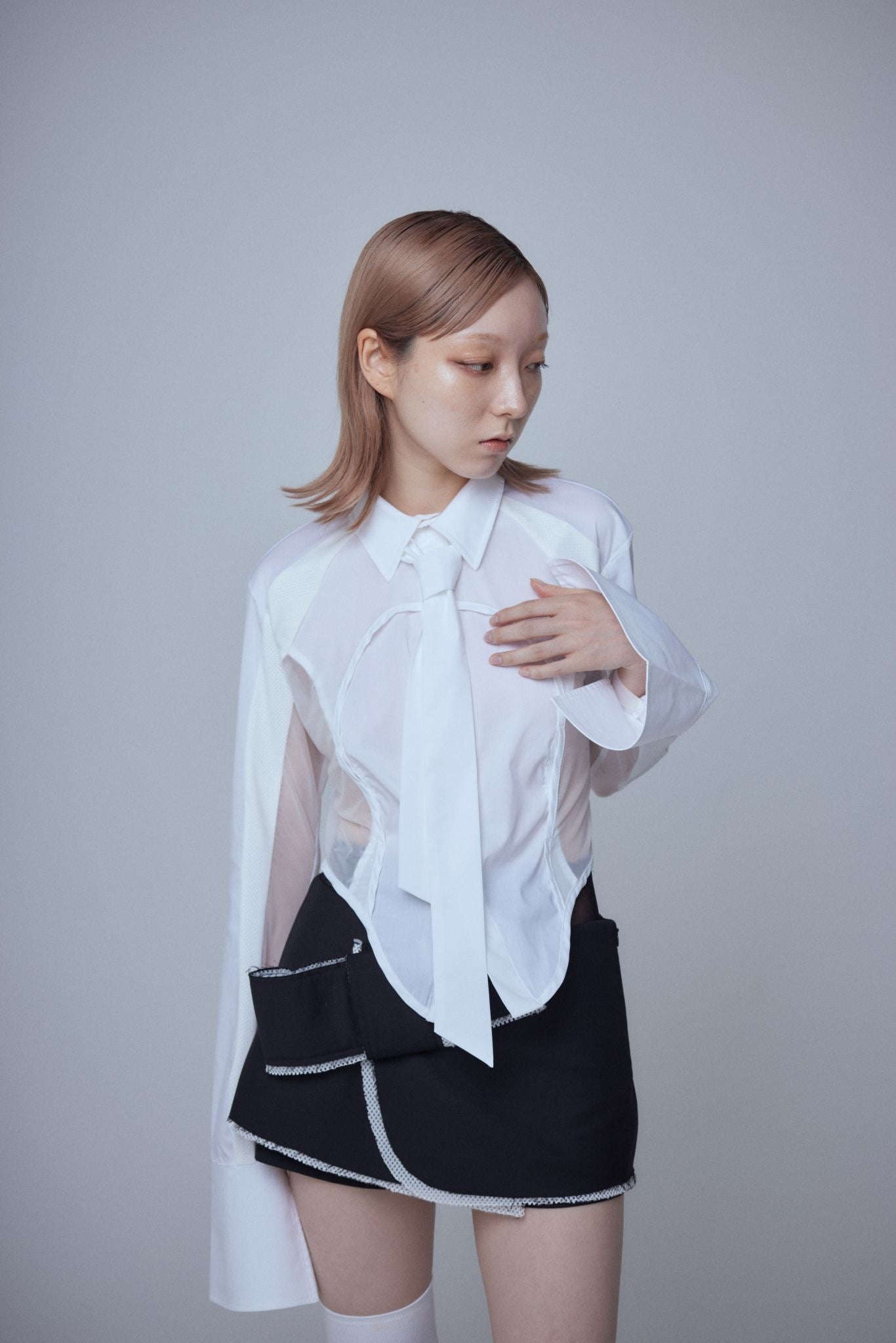 Mesh Tied Shirt(White)