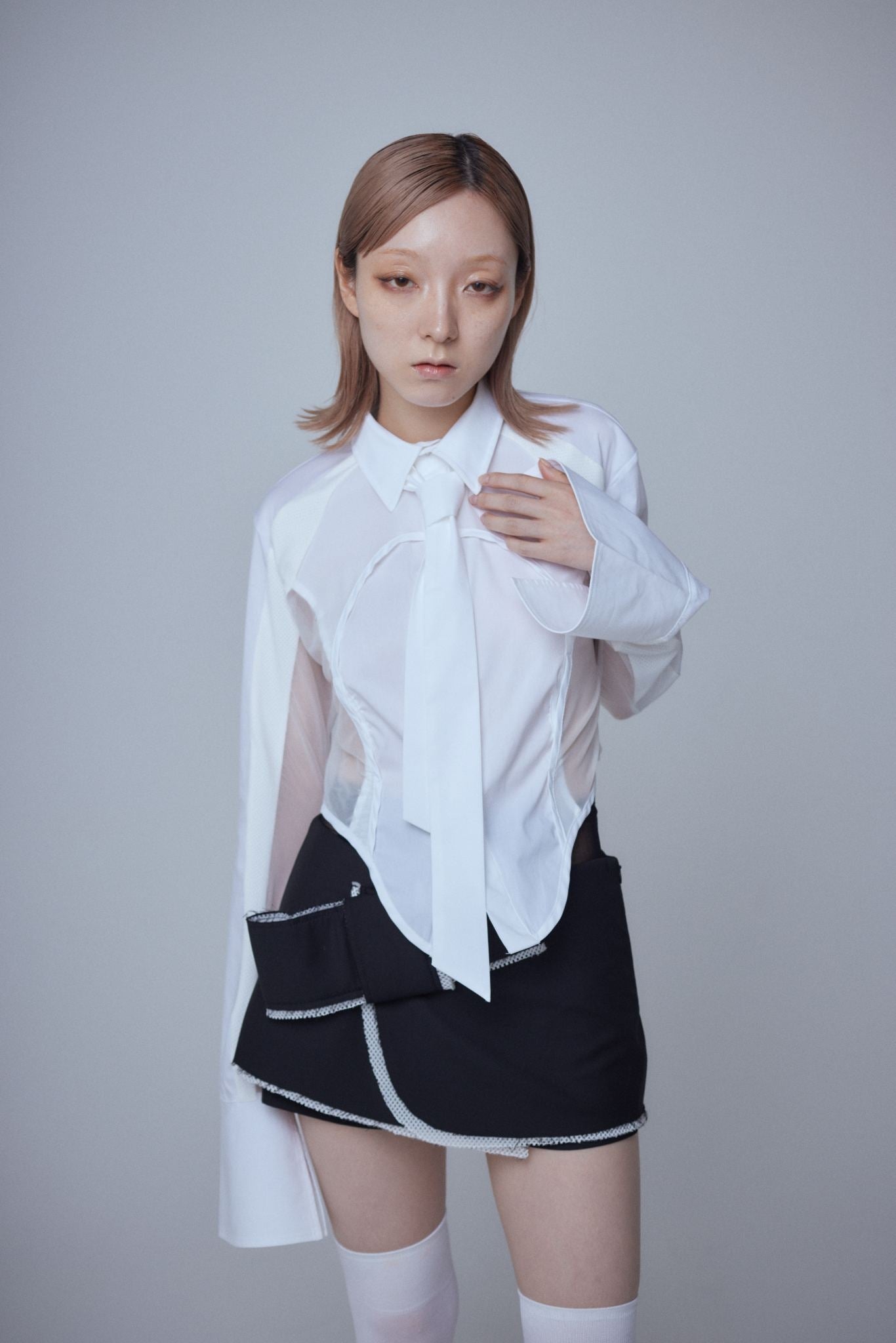 Mesh Tied Shirt(White)