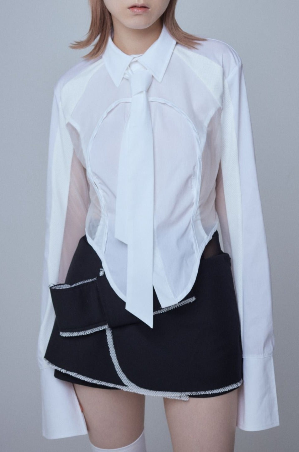 Mesh Tied Shirt(White)