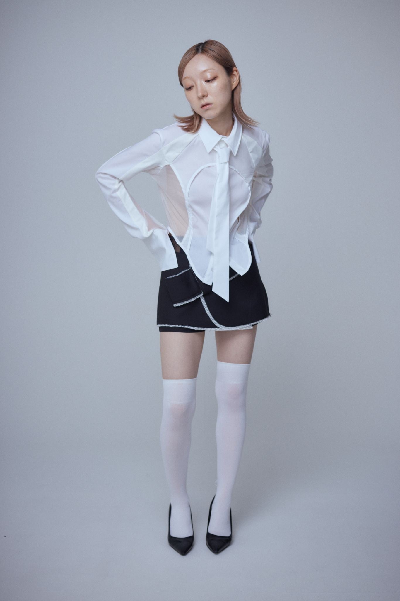 Mesh Tied Shirt(White)